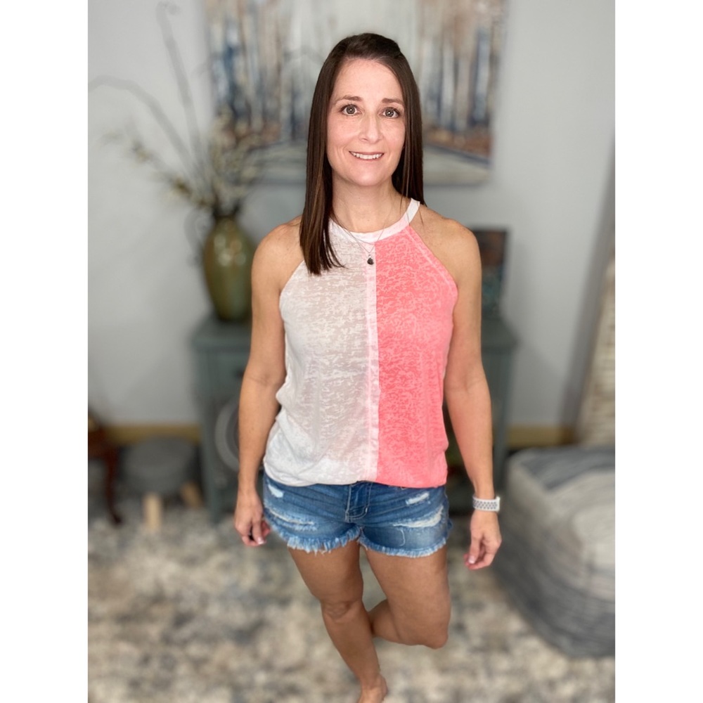 ❤️‍🔥Halter Color Block Racerback Burnout Scoop Neck Tank Neon Pink White 0622 - Picture 2 of 10